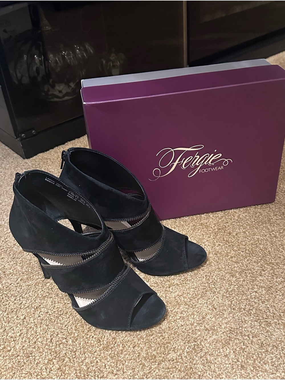 Fergie Black Suede Cutout Peep-Toe Booties